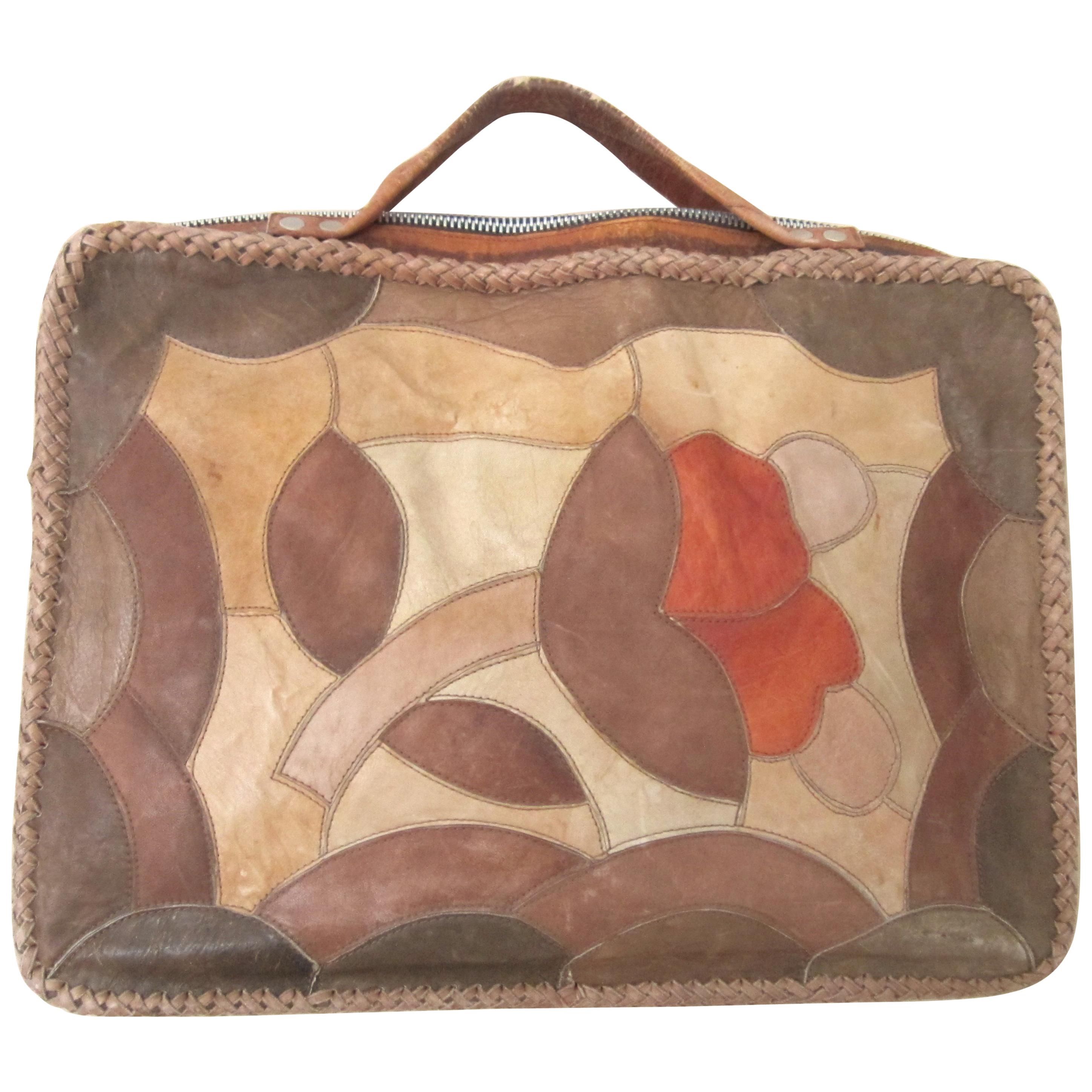 Rare 1960s Char Leather Briefcase Laptop Bag Floral distressed Vintage Mexico  For Sale