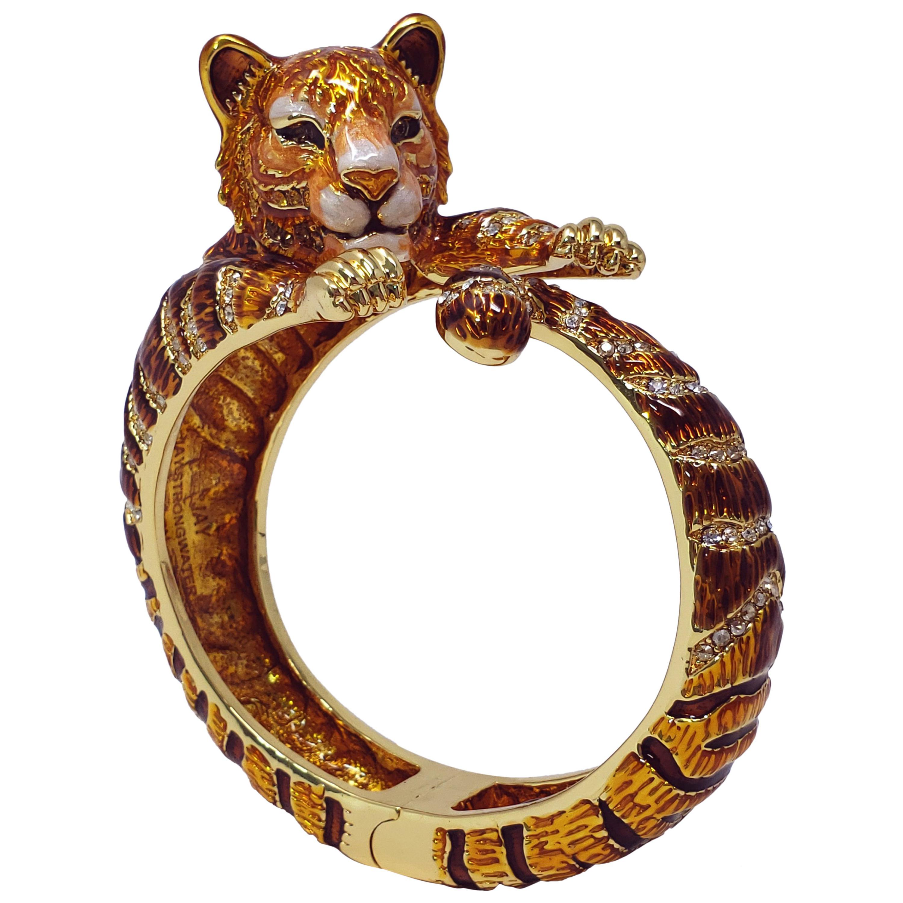 Jay Strongwater "Call of the Wild" Tiger Enamel & Crystal Hinge Bracelet in Gold