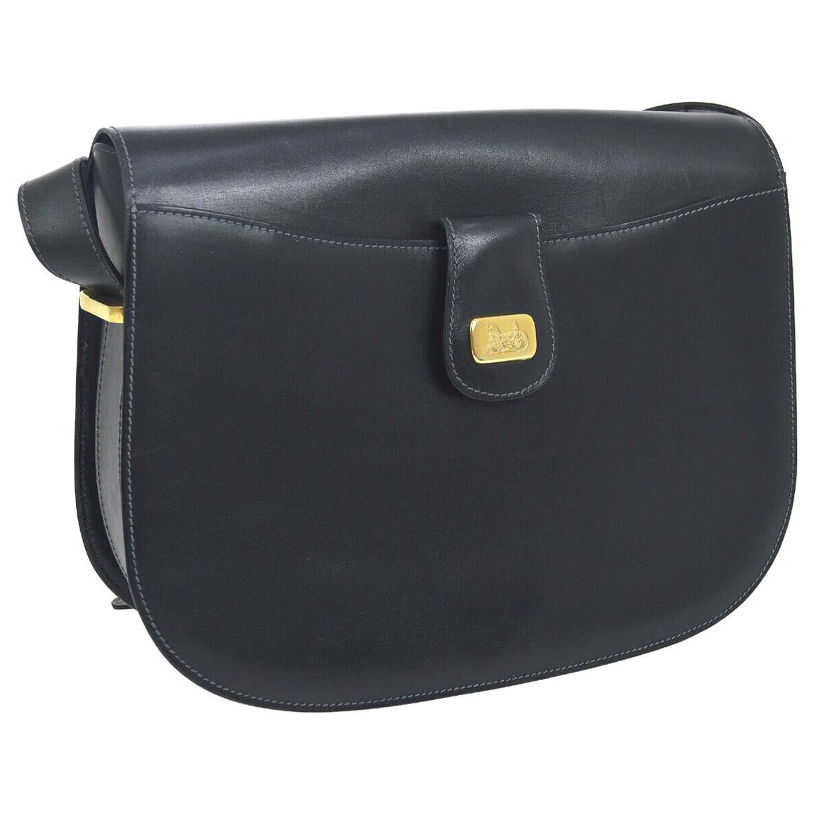 Celine Navy Leather Gold Horsebit Box Saddle Shoulder Flap Bag