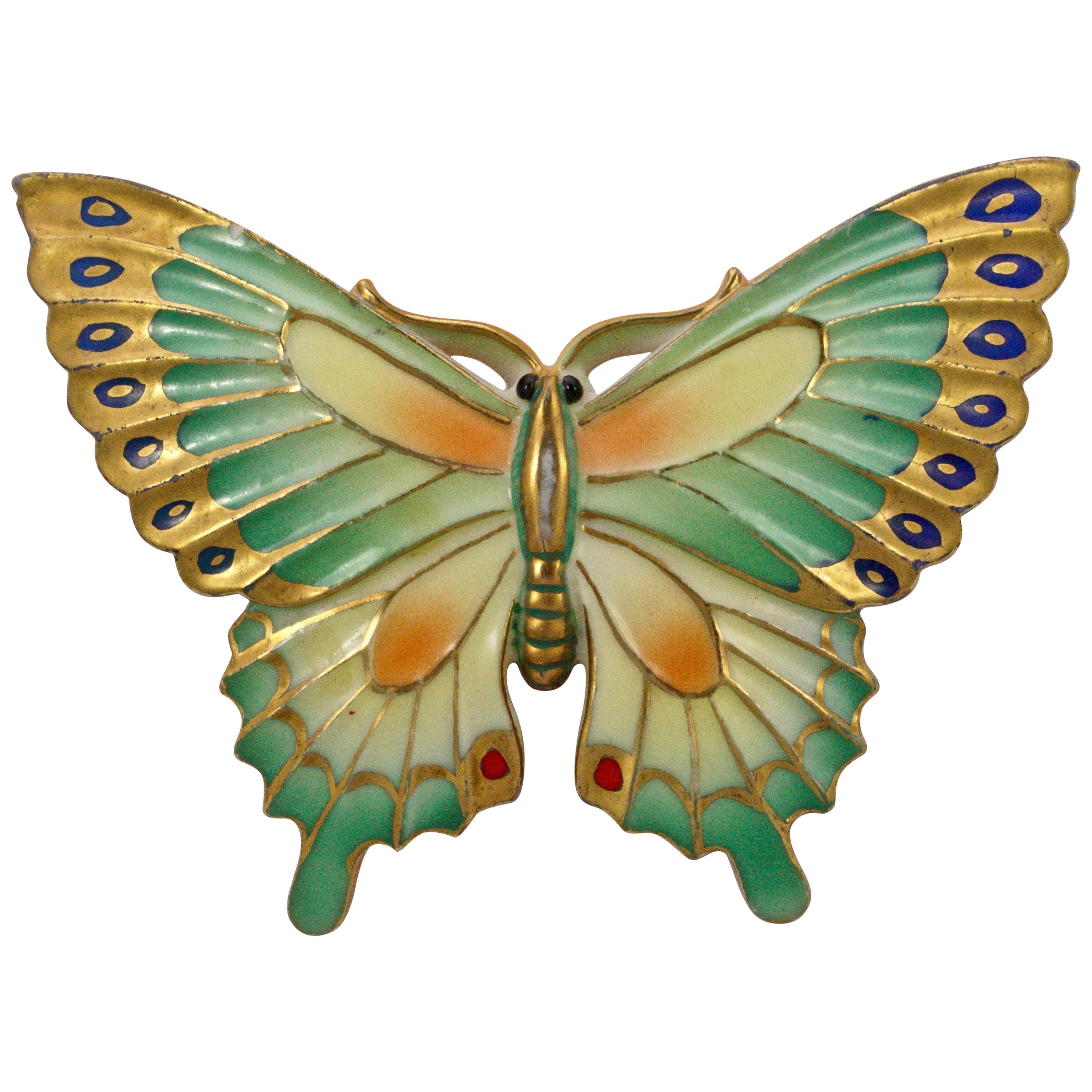 Toshikane Japan Porcelain Multi Coloured Butterfly Brooch with Silver Tone Back