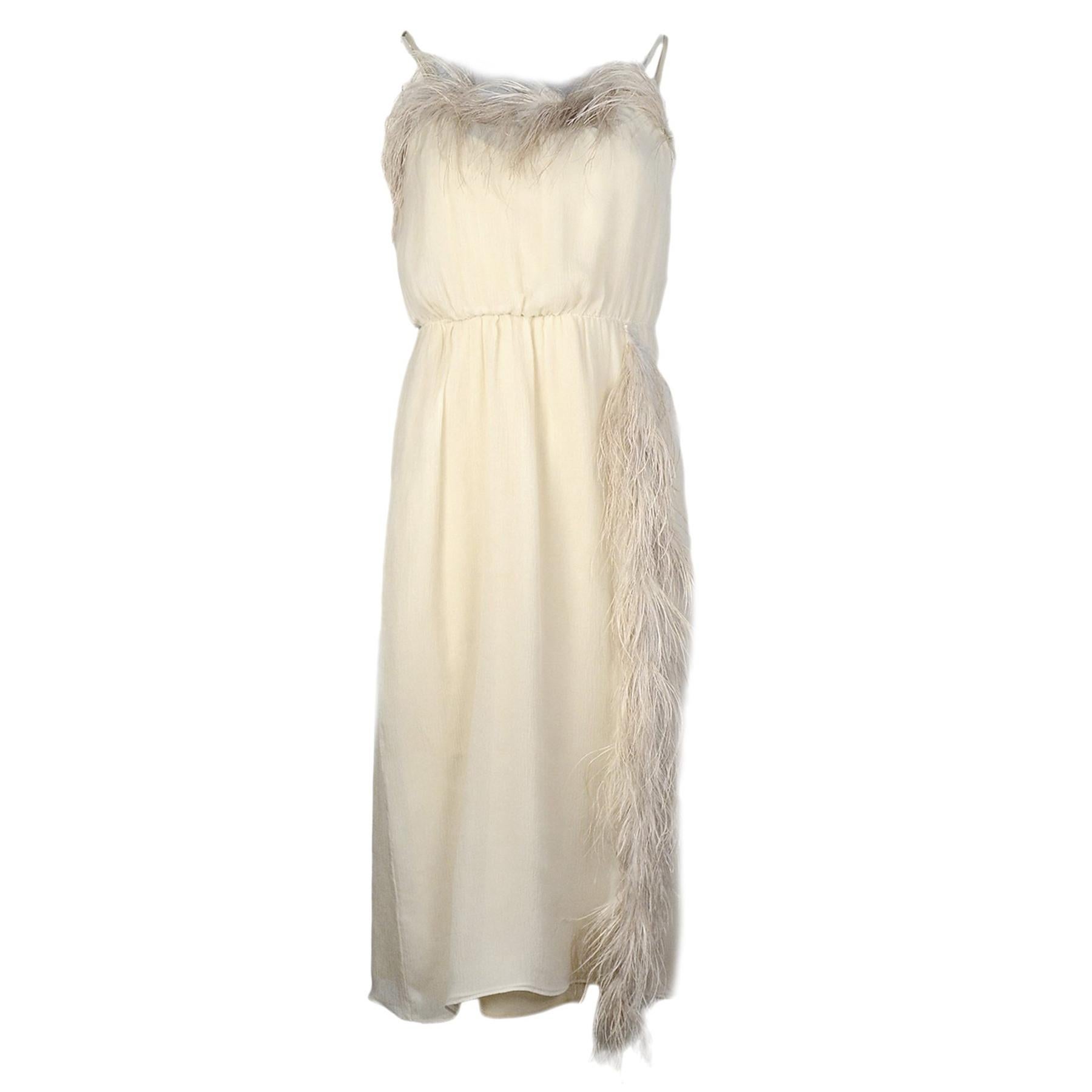 Prada Beige Silk Dress W/ Feather Trim IT38/US2