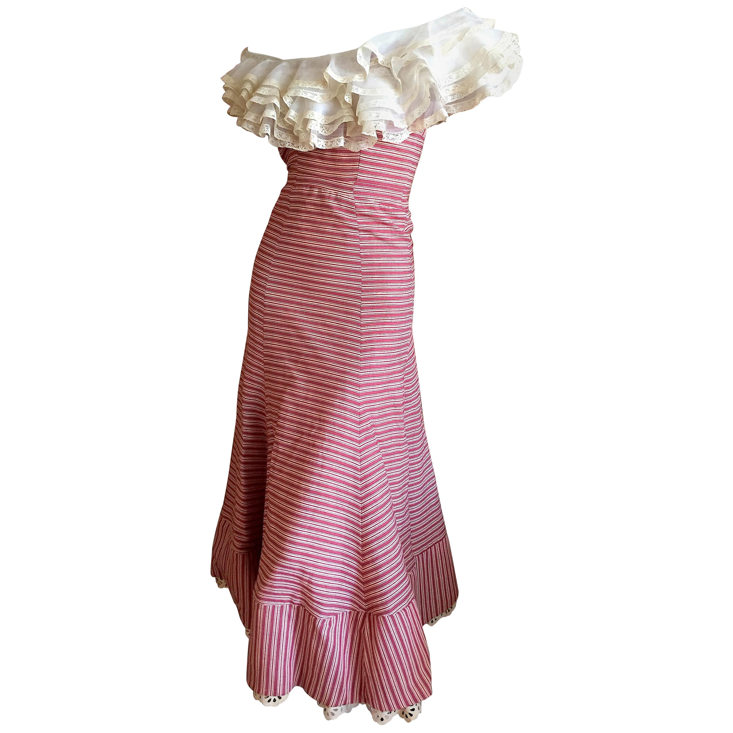 1930's Sweet Stripe Day Dress with Lace Bust and Hem