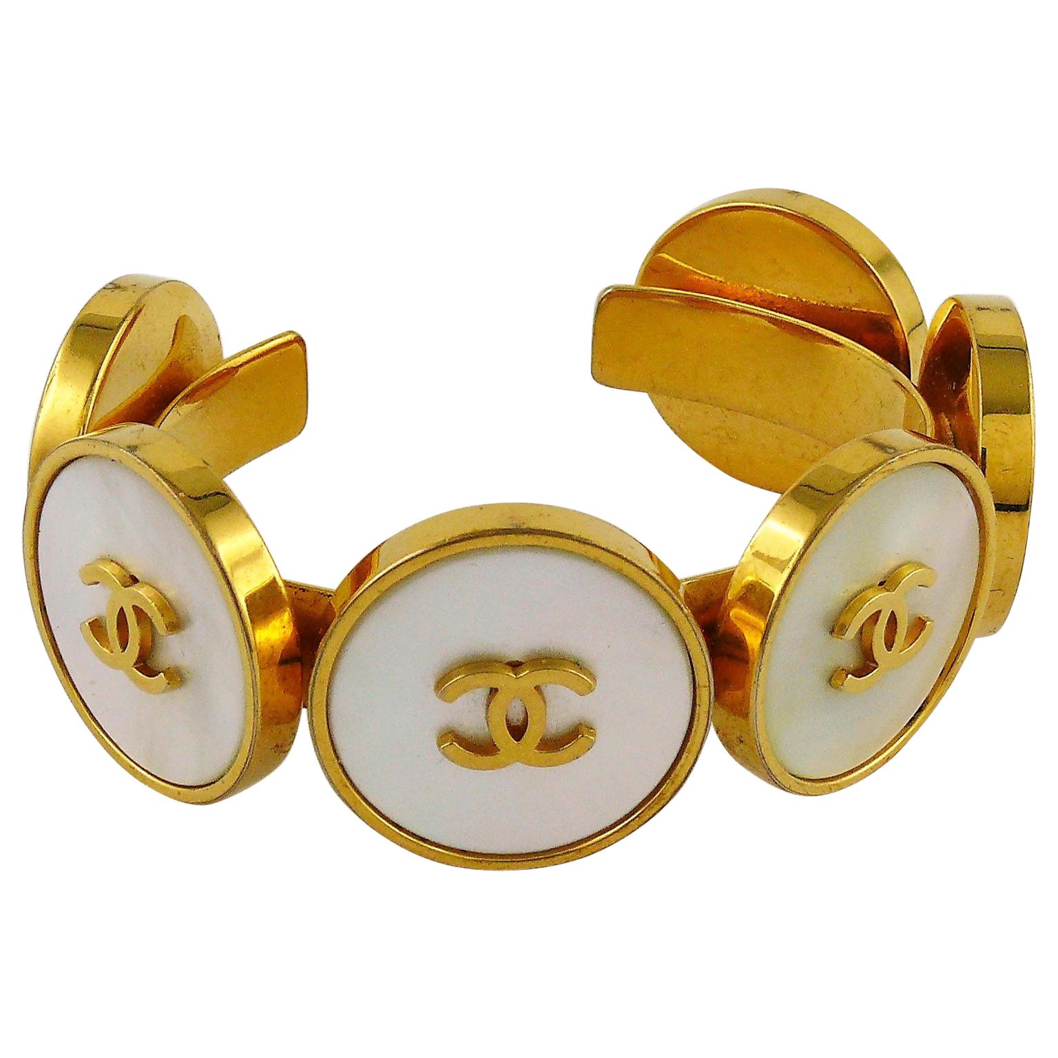 Chanel Vintage Cameo Coin Gold Toned Cuff Bracelet For Sale