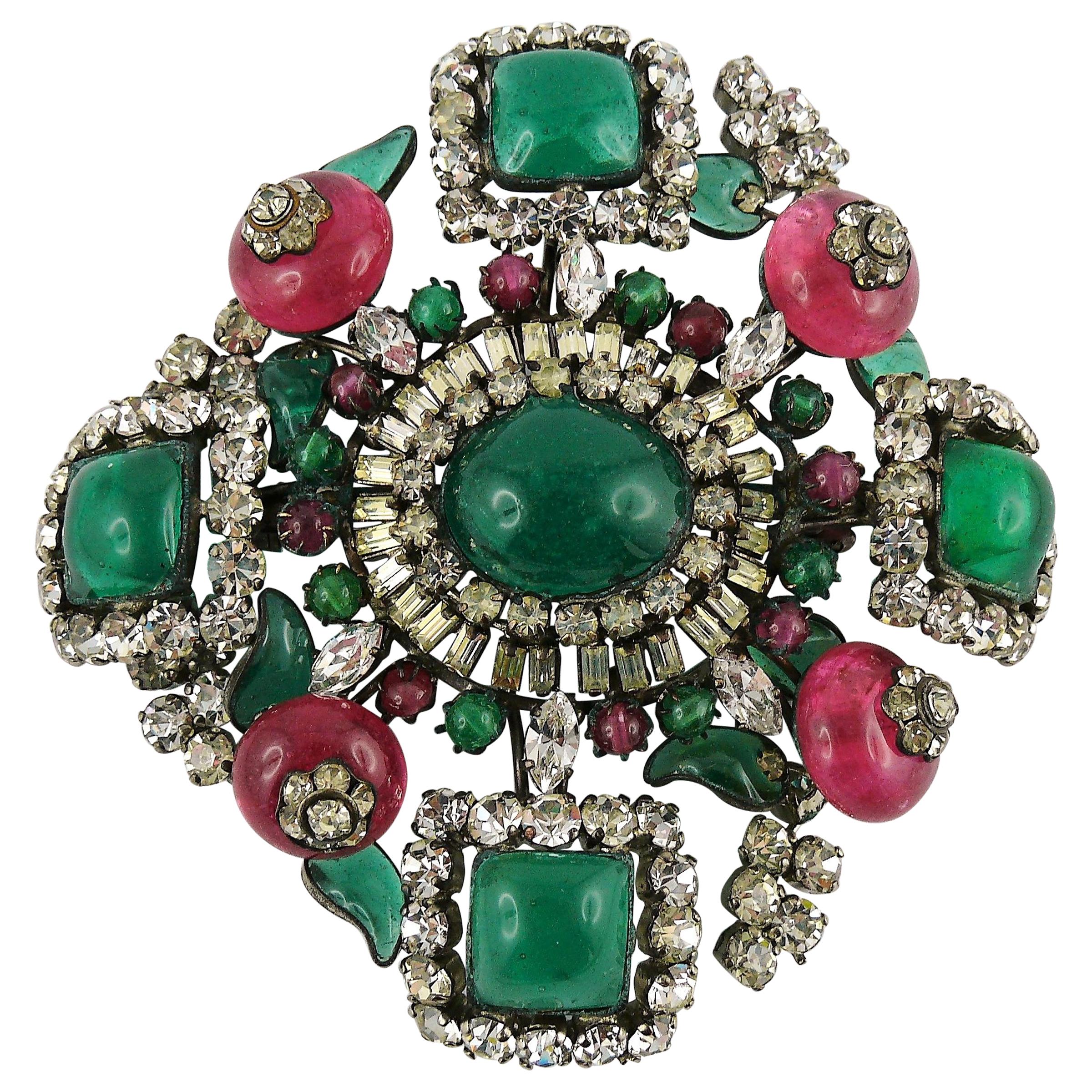 Magnificent Vintage Poured Glass Jewelled Massive Brooch Pendant 
