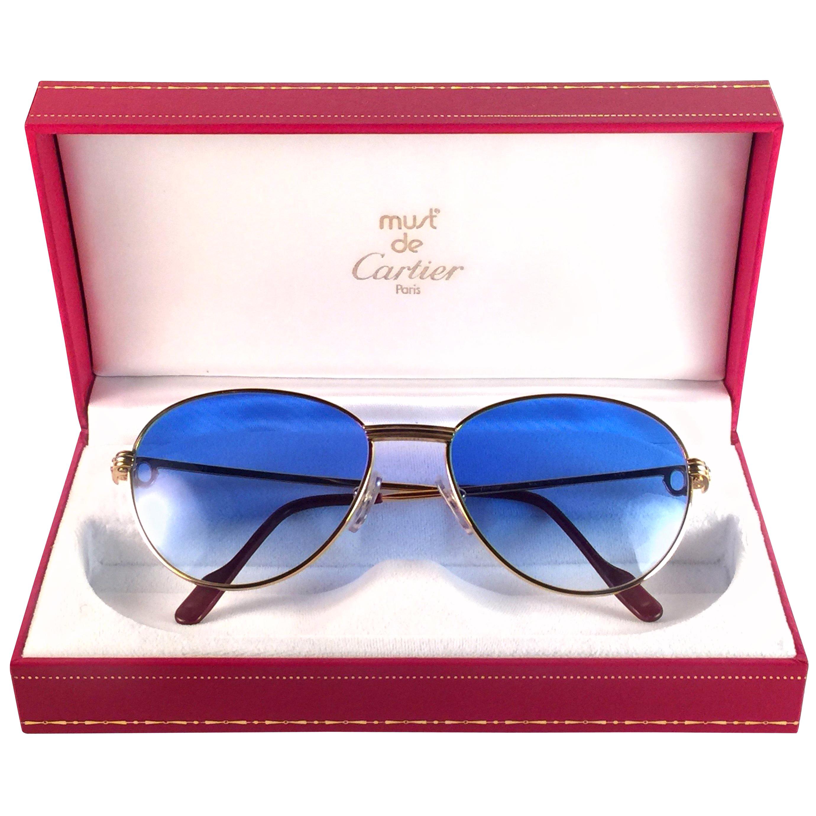 Vintage Cartier France Louis Vintage Heavy Gold Plated Diamonds 57mm Sunglasses 