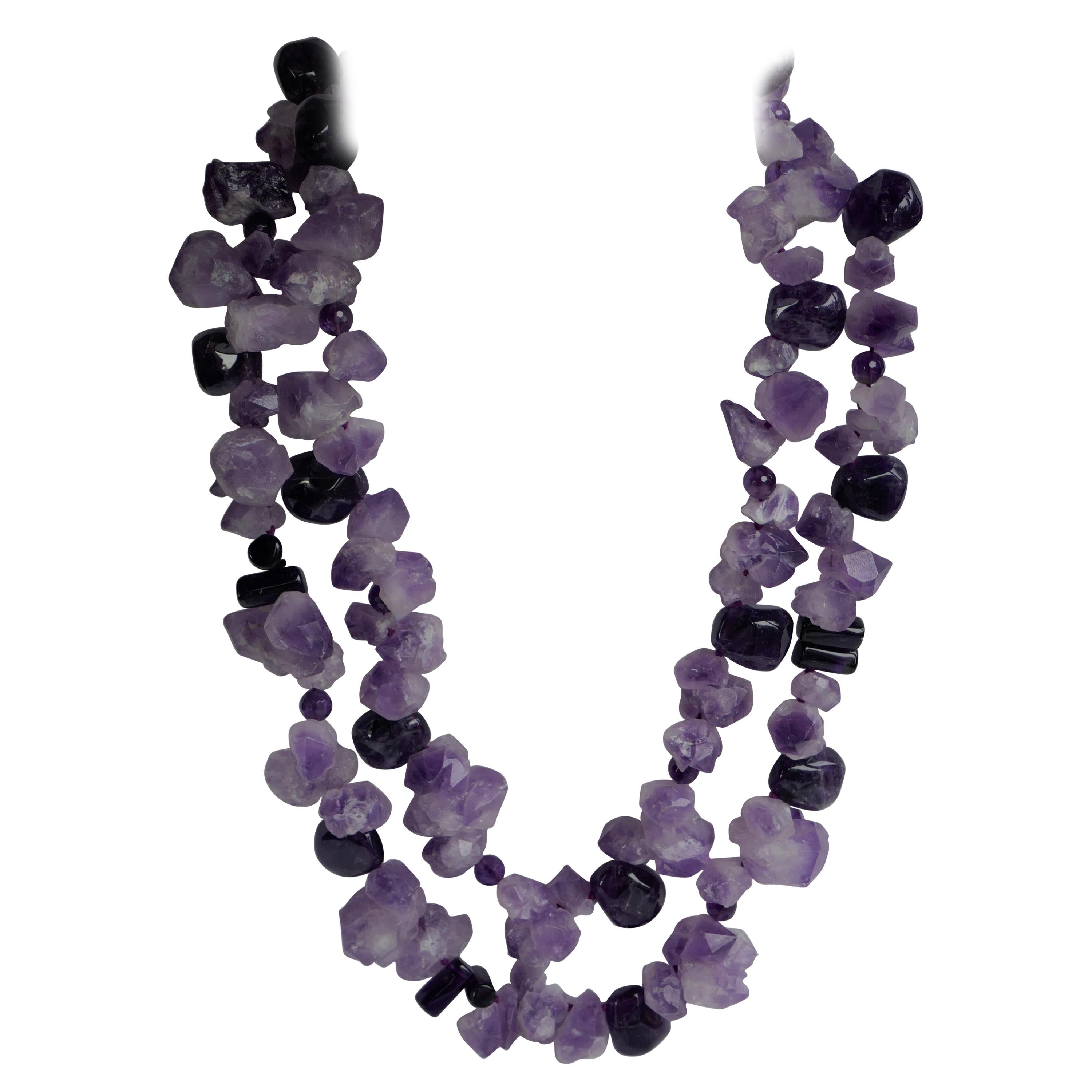 Unpolished Nuggets & Polished Amethyst 925 Sterling Silver Gemstone Necklace For Sale