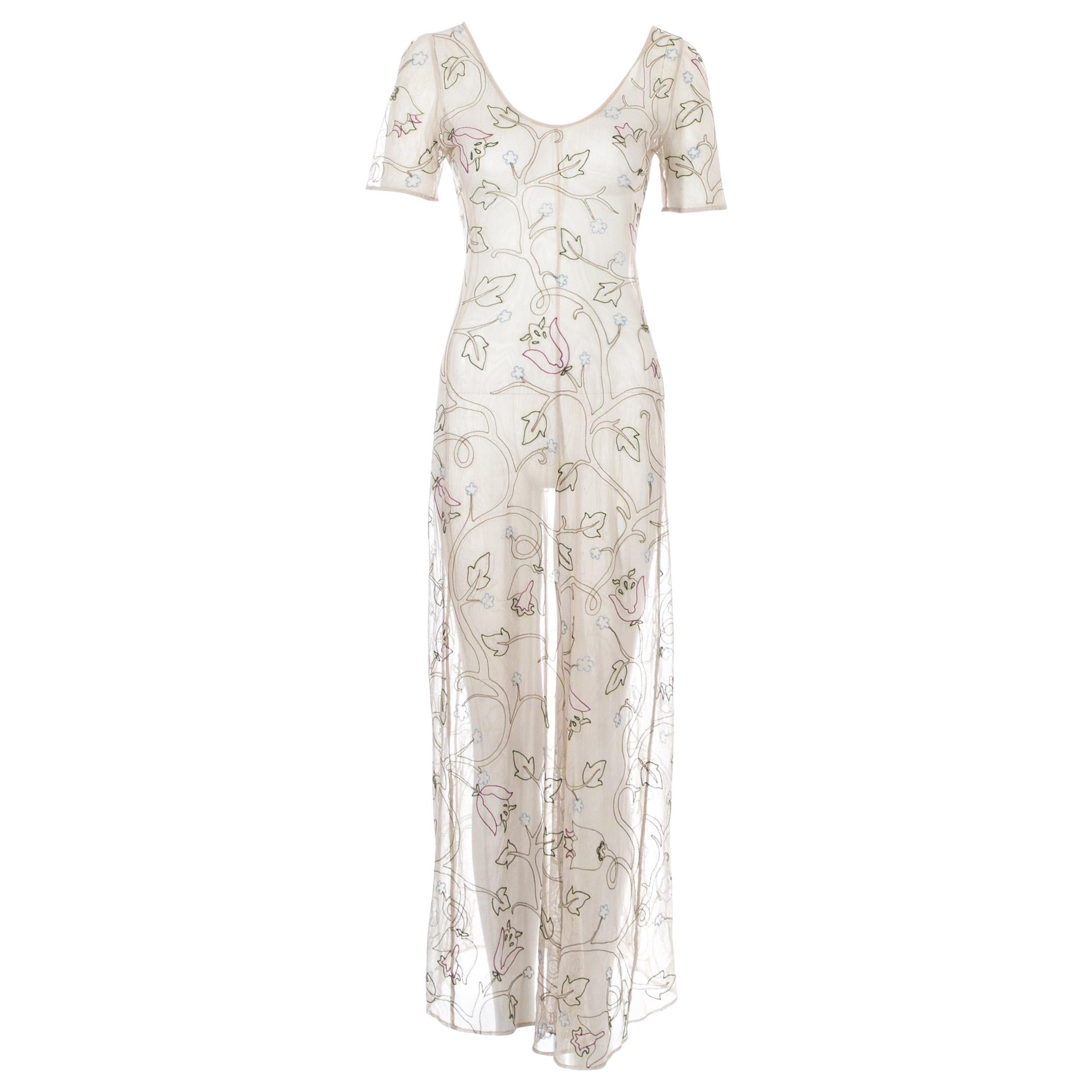 Prada nude mesh evening dress with floral embroidery, ss 1997 For Sale