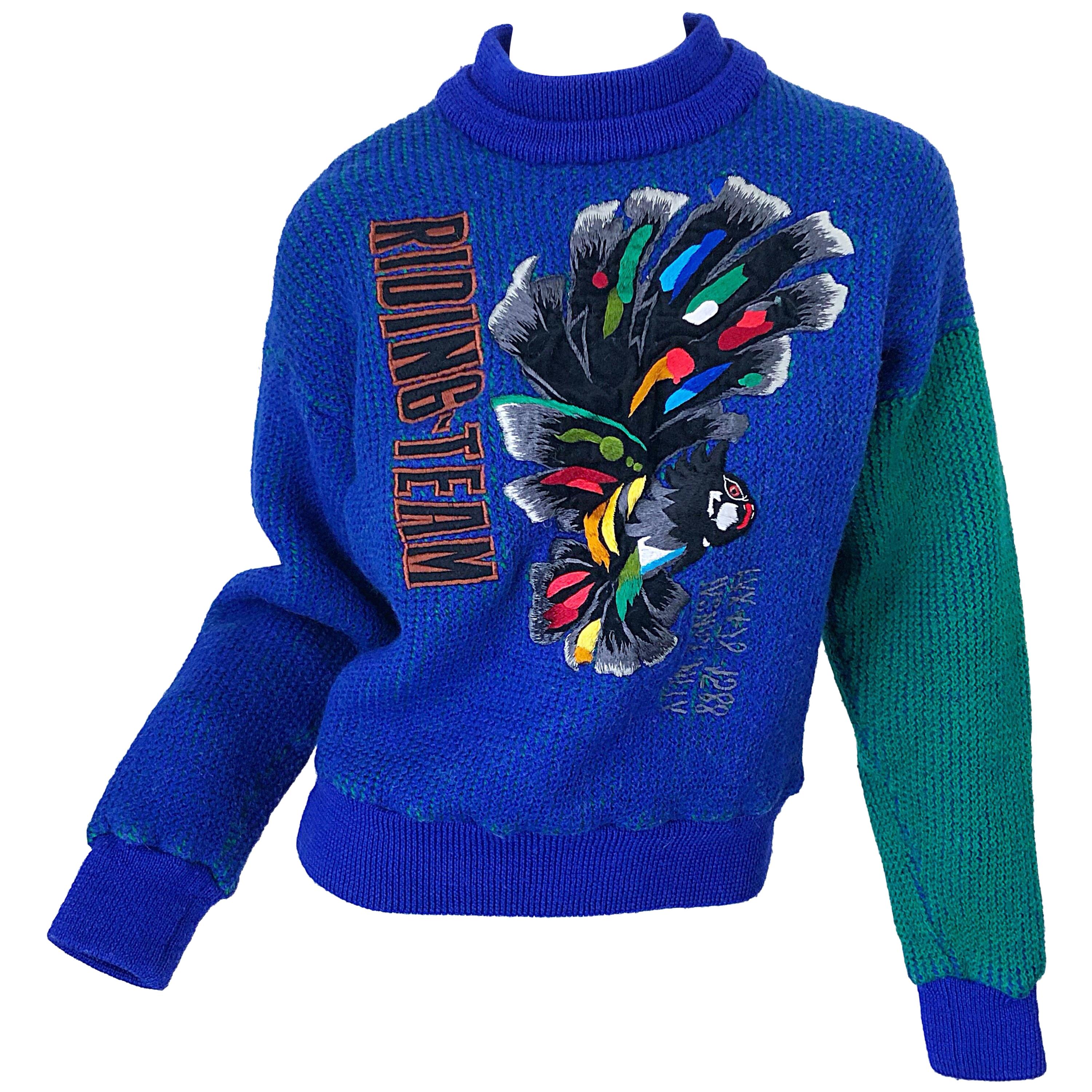 Kansai Yamamoto 1980s Riding Team Royal Blue Embroidered Novelty Wool Sweater