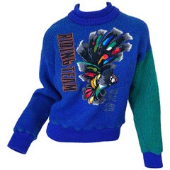 Kansai Yamamoto königsblauer bestickter Wollpullover, Royal Blue, 1980er Jahre, Riding Team