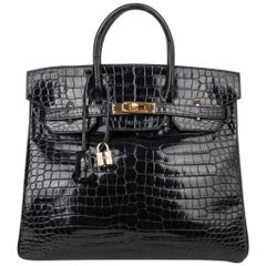 Hermes Birkin 32 Hac Bag Black Crocodile Lisse Gold Hardware