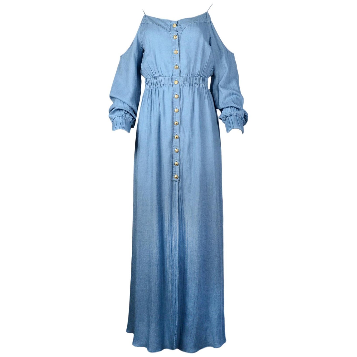 Balmain Blue Off-The-Shoulder Button Down Maxi Dress Sz FR34/US2 For Sale  at 1stDibs