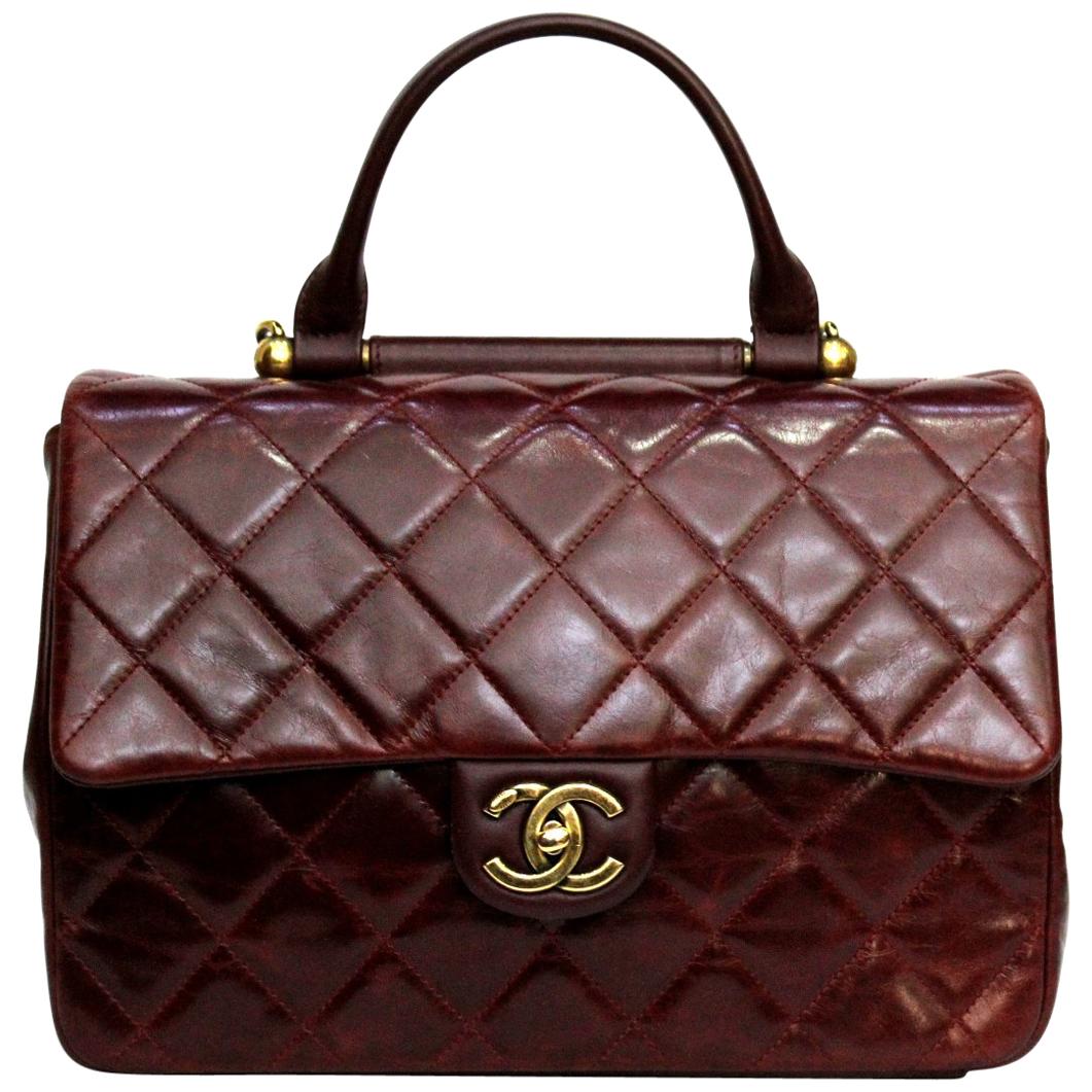 Chanel Burgundy Leather Shoulder Gold Bar Bag 