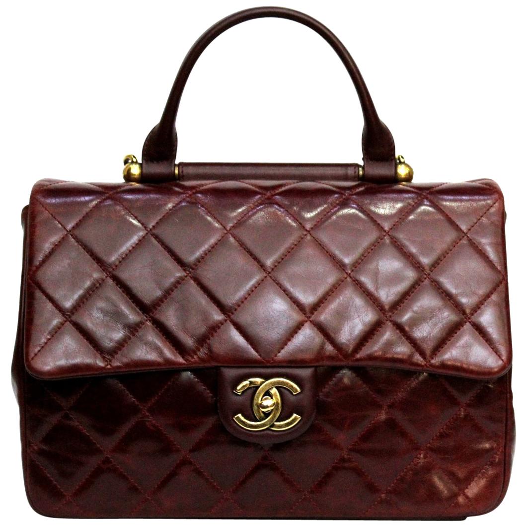 Chanel Burgundy Leather Shoulder Gold Bar Bag