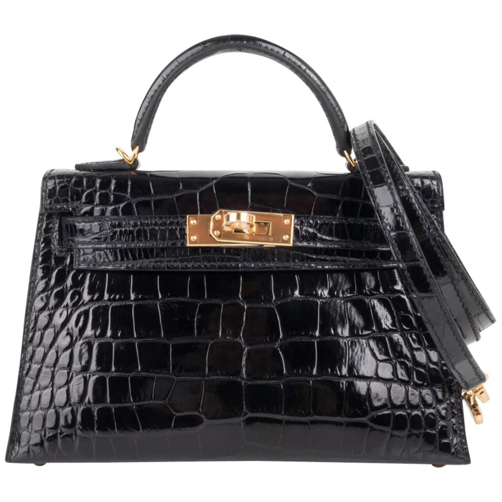 Hermes Kelly 20 Mini Sellier Black Alligator Gold Hardware Limited Edition