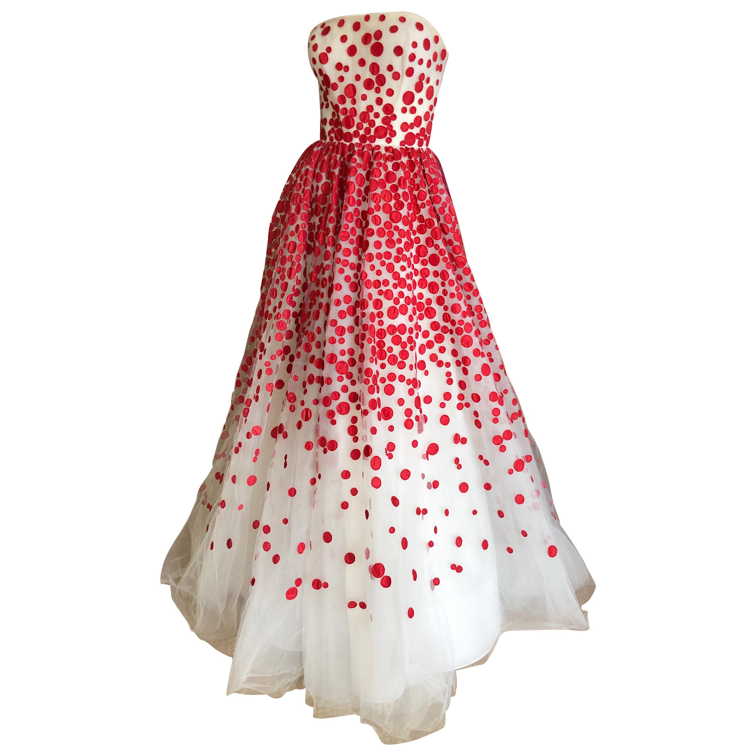 Oscar de la Renta White Tulle Polka Dot Evening Gown in Hard to Find Size 12