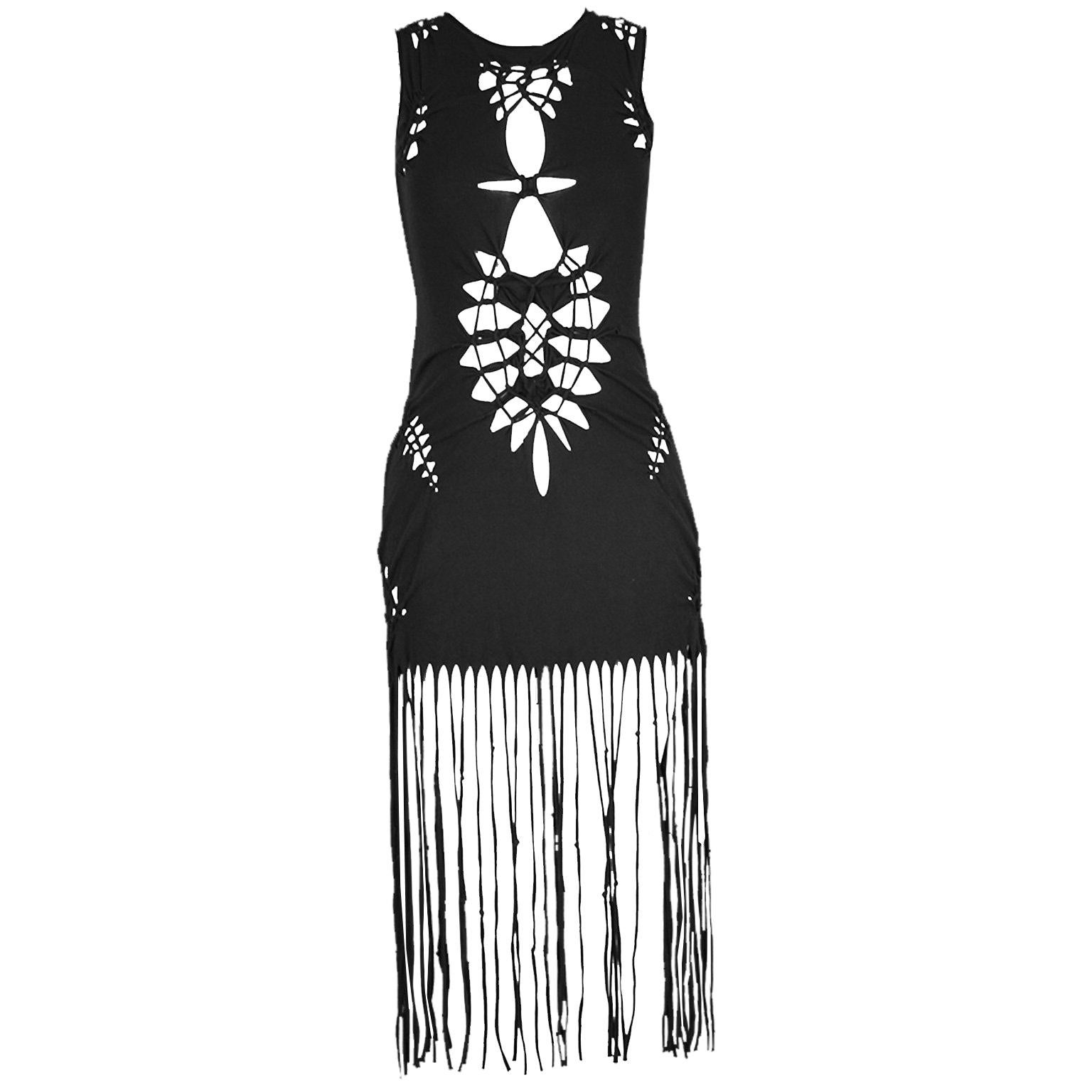 Jean Paul Gaultier Black Jersey Macrame Fringed Mini Runway Dress ...