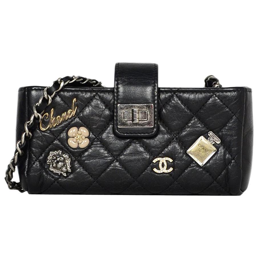 Chanel 2015 Black Calfskin Leather Lucky Charms Phone Crossbody Bag