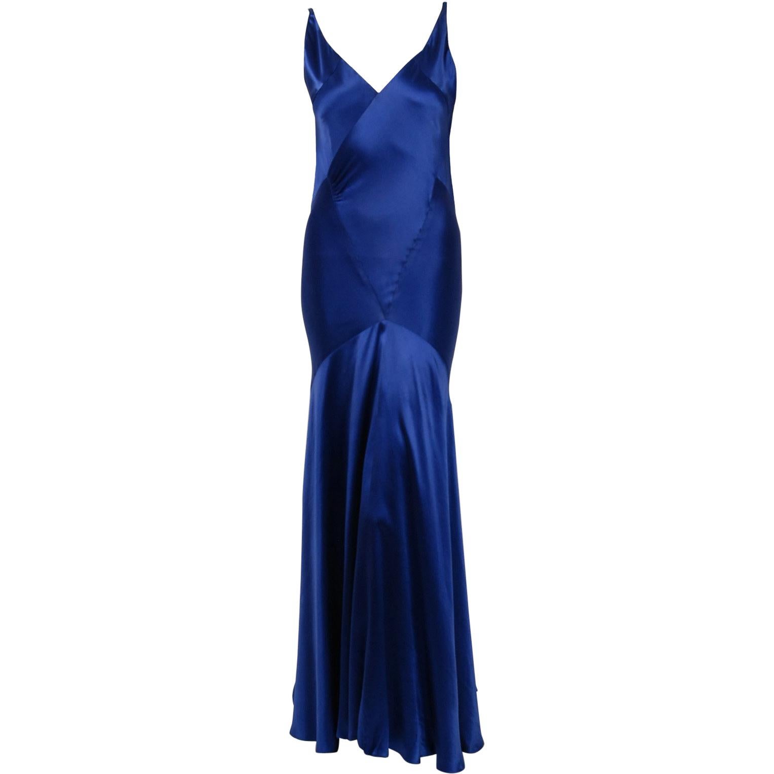 1930's Hattie Carnegie Couture Sapphire-Blue Silk Satin Backless Bias-Cut Gown