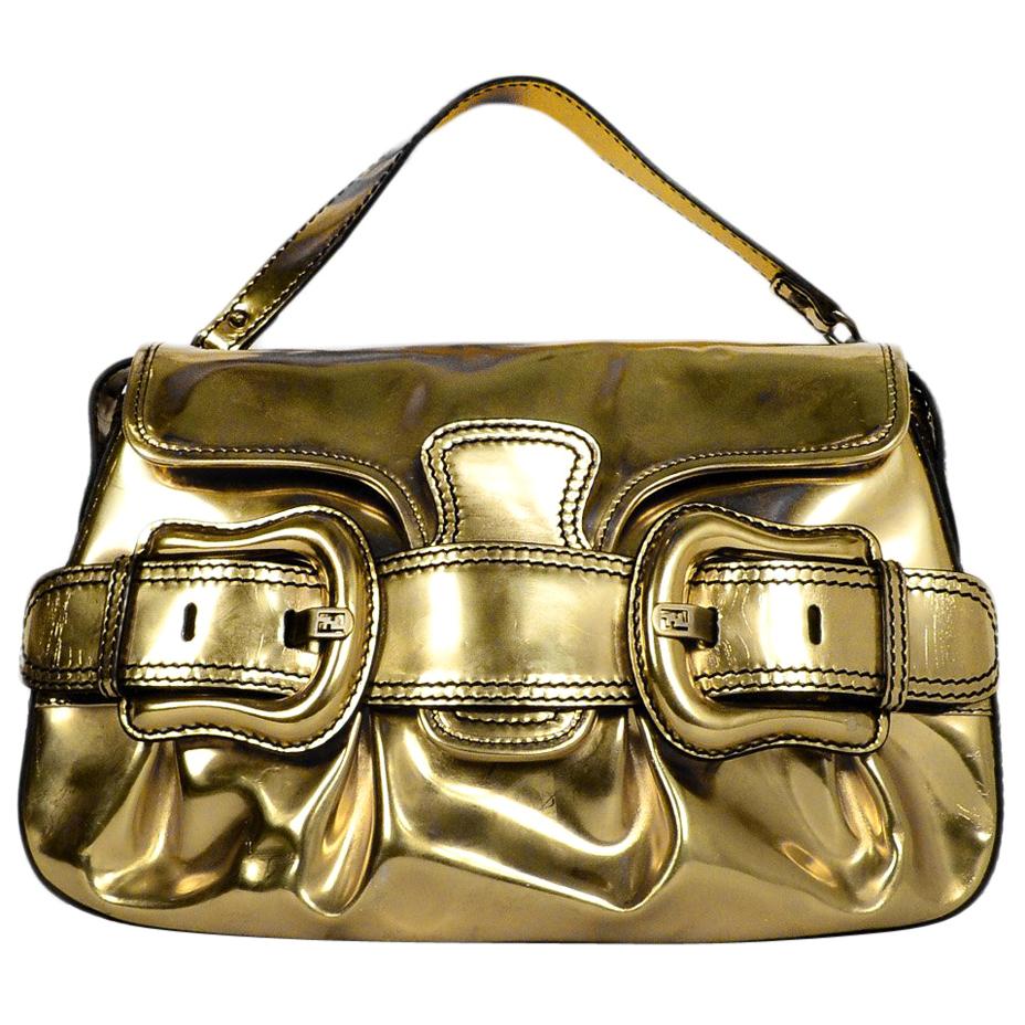 Fendi Gold Metallic Glazed Leather B. Bis Buckle Shoulder Bag