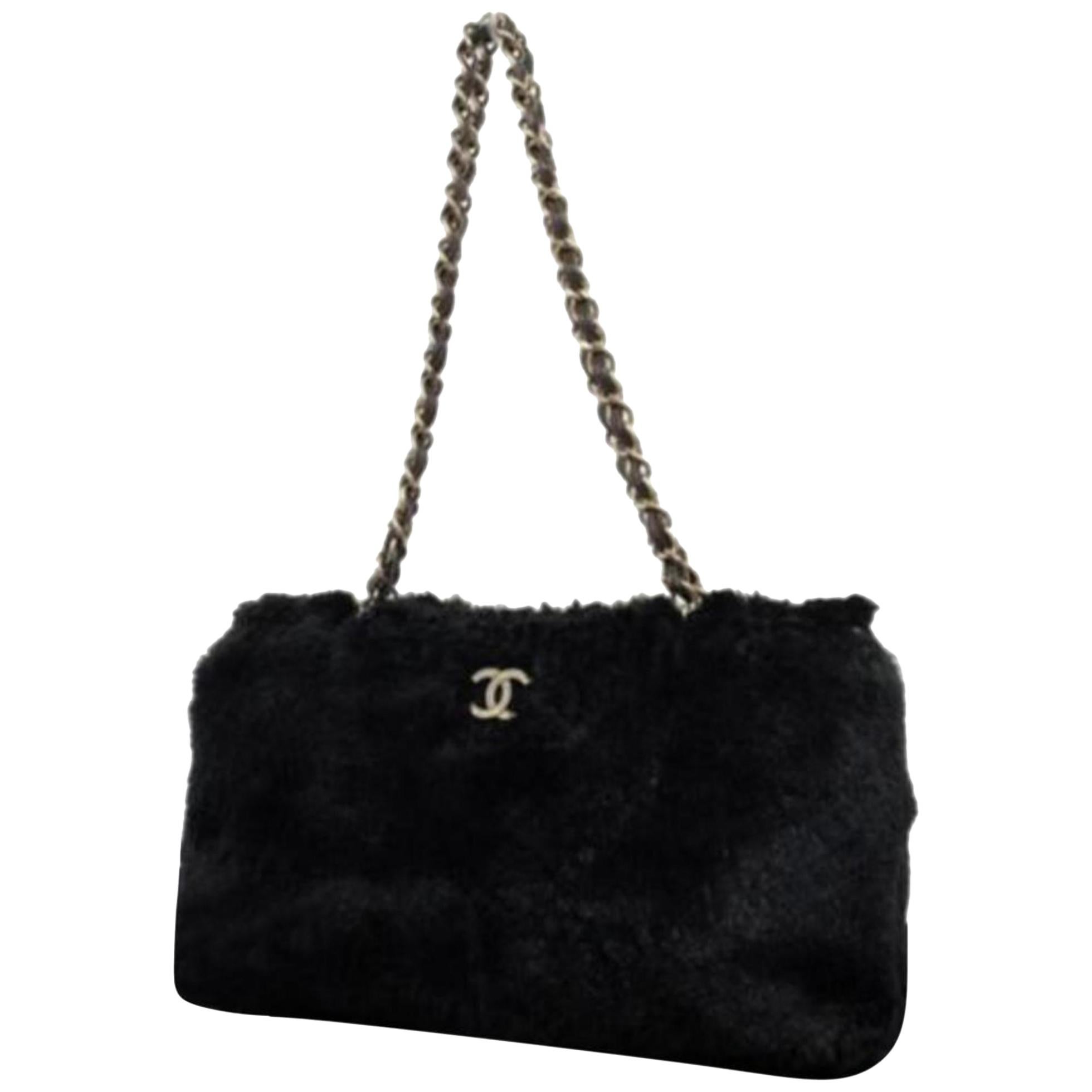 Chanel Cc Chain 221607 Tote Black Rabbit Fur Satchel For Sale