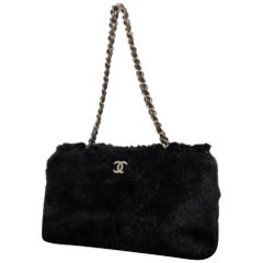 Vintage Chanel Cc Chain 221607 Tote Black Rabbit Fur Satchel