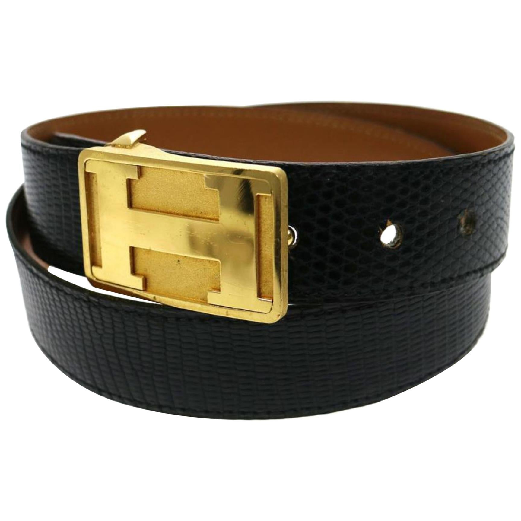 Hermès Black X Gold (Ultra Rare) Reversible Lizard H Logo Plaque 866889 Belt For Sale