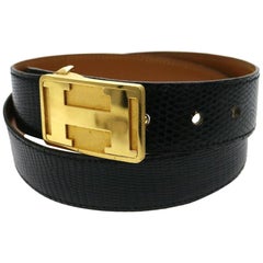 Hermès Black X Gold (Ultra Rare) Reversible Lizard H Logo Plaque 866889 Belt