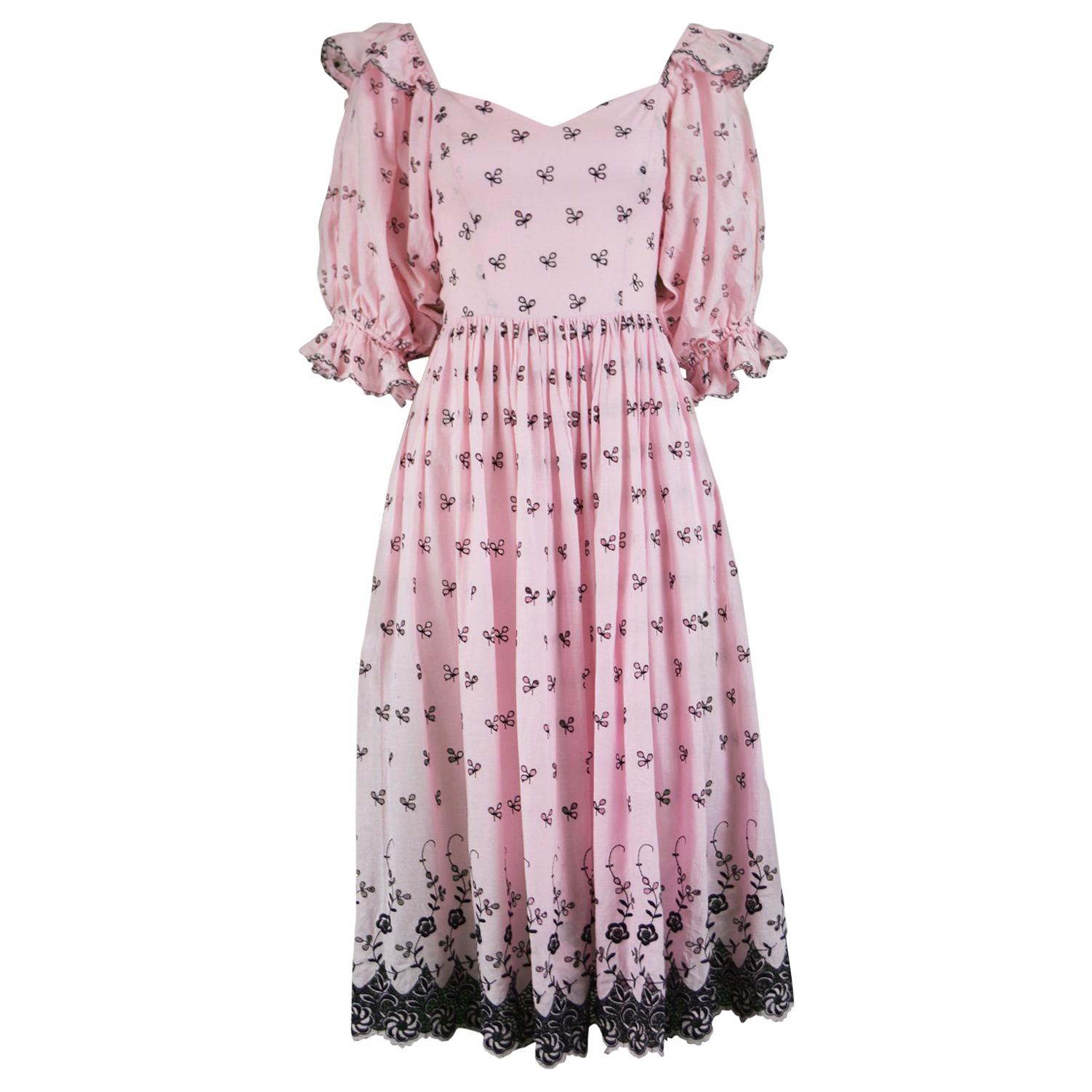 Emanuel Vintage Pink & Black Broderie Anglaise Cotton Peasant Dress, 1980s