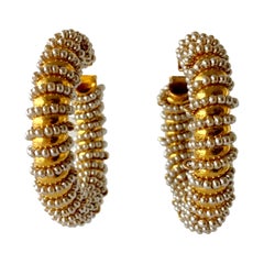 Retro Gilt Architectural Hoop Pearl Statement Earrings 