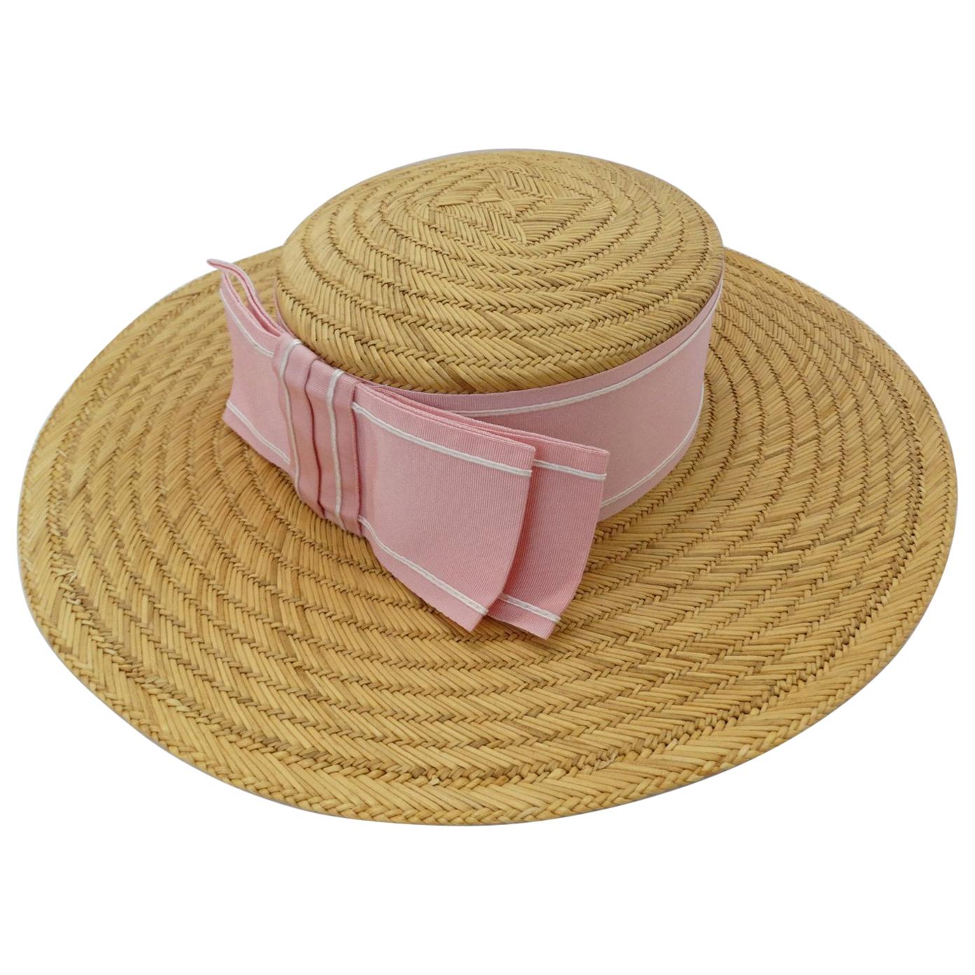 1960s Pink Bow Straw Boater Hat