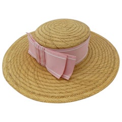 Vintage 1960s Pink Bow Straw Boater Hat