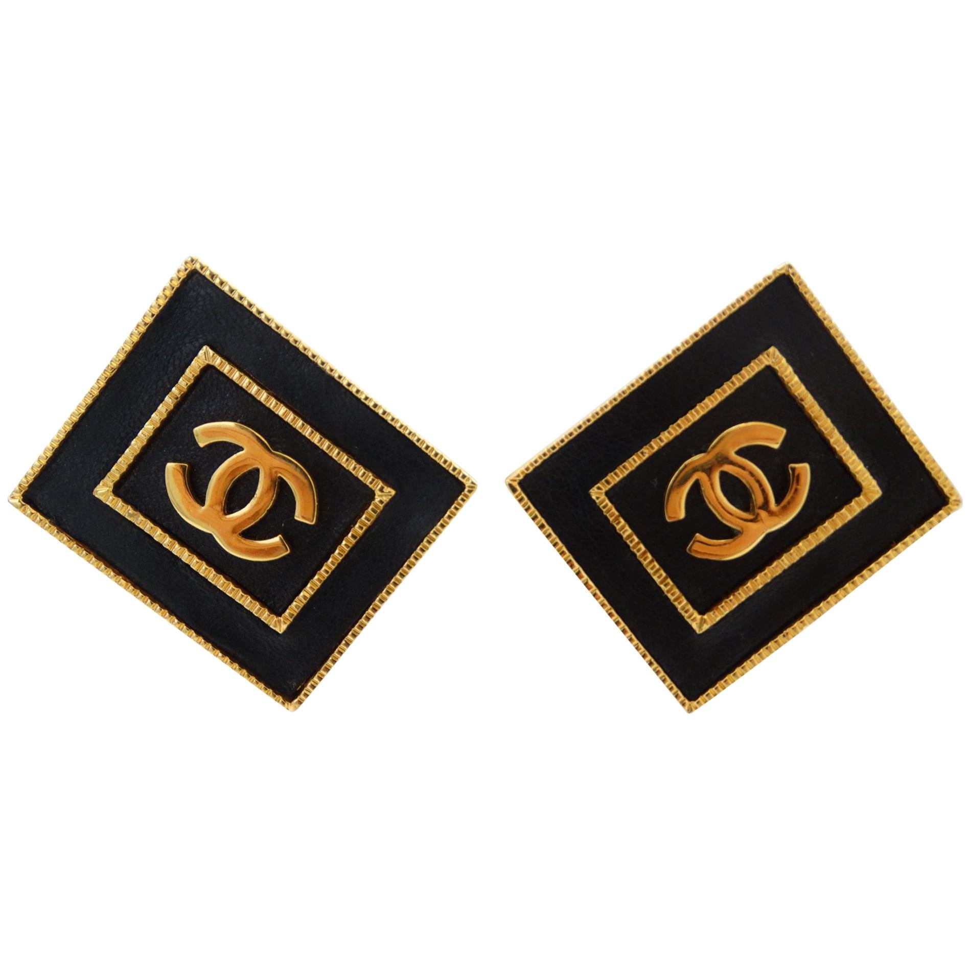 1980s Chanel CC Leather Rectangle Clip On Earrings