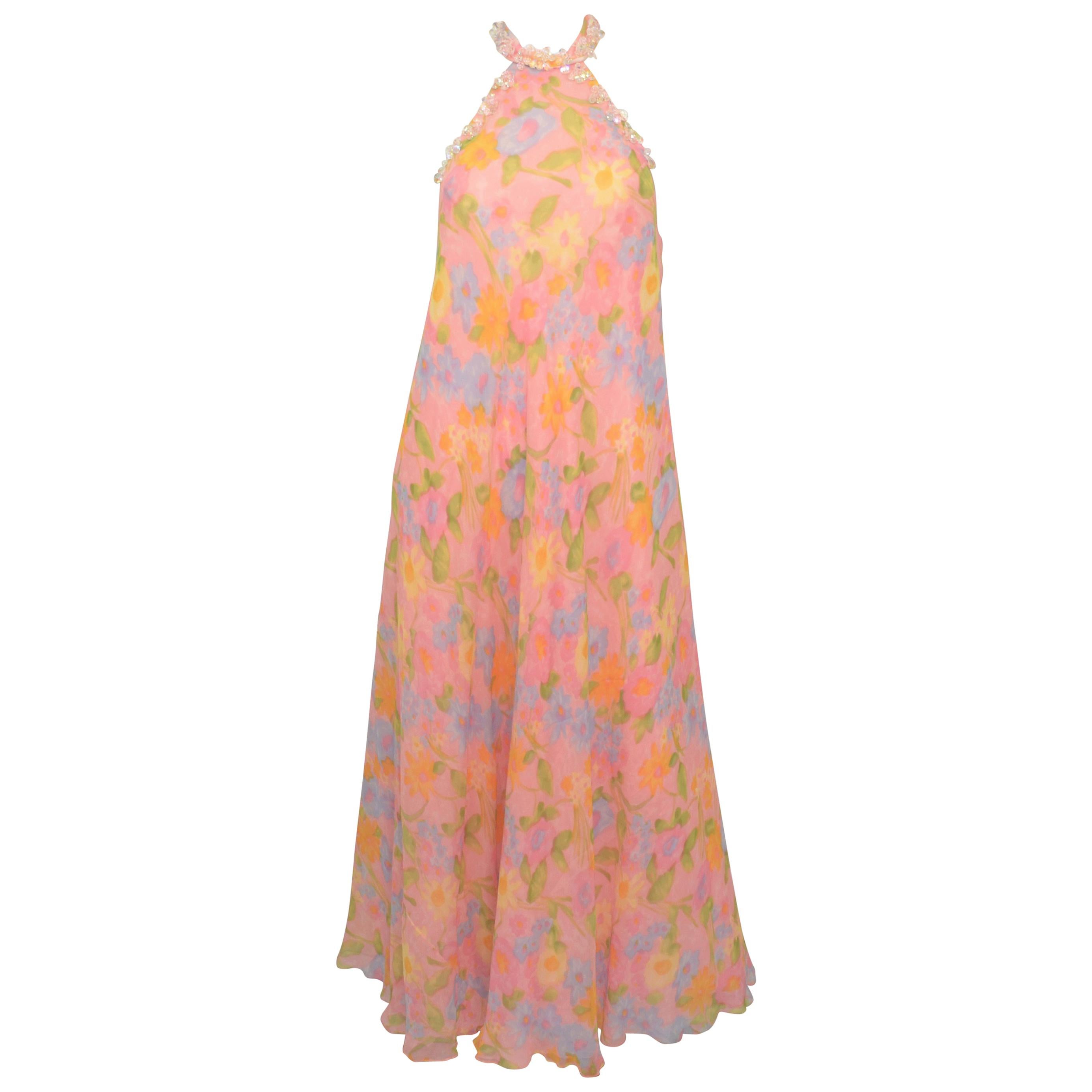 Vintage 1960's Floral Print Chiffon Halter Gown For Sale