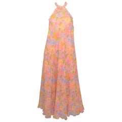 Retro 1960's Floral Print Chiffon Halter Gown