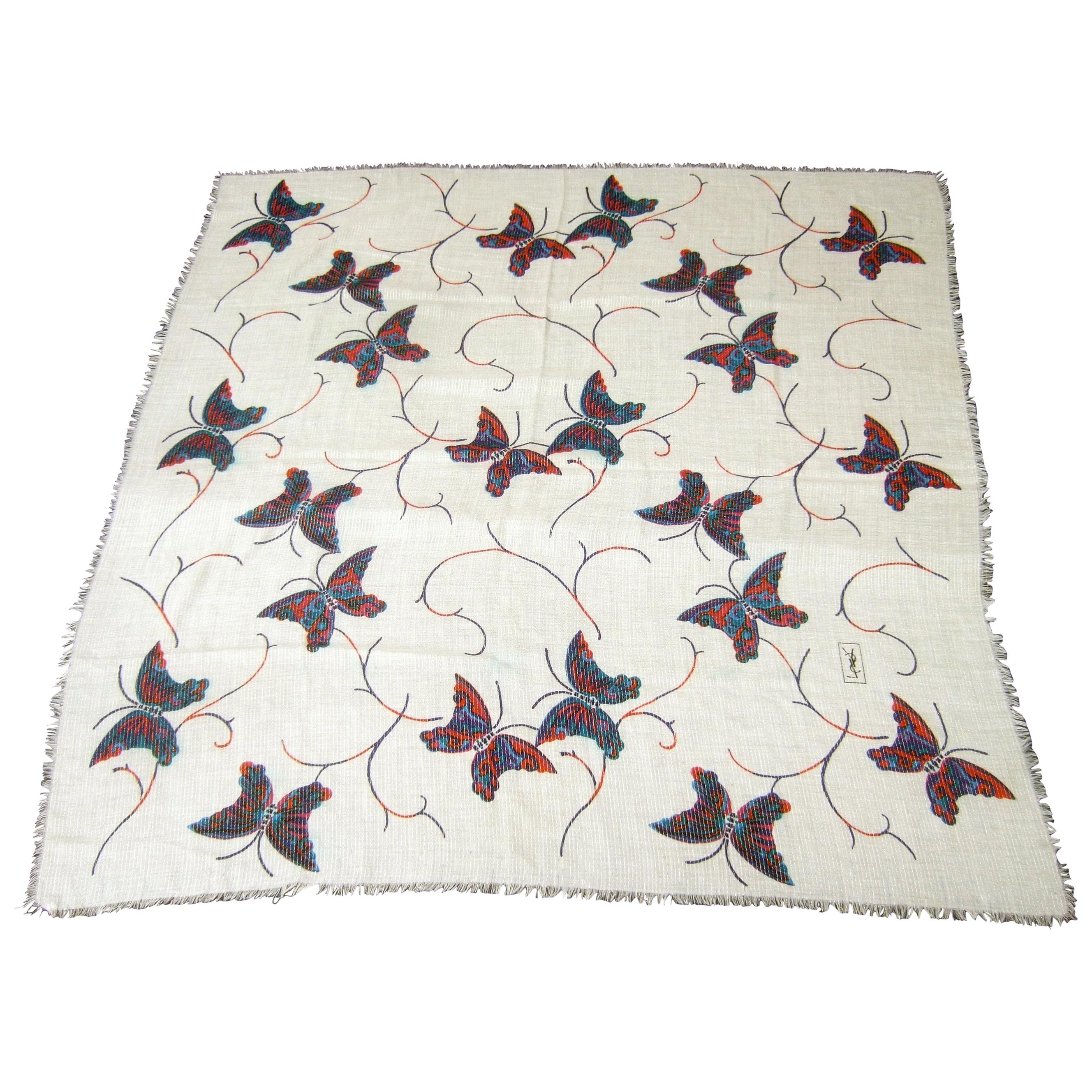 Yves Saint Laurent Large Butterfly Print Scarf - Shawl Wrap 52 x 53 Circa 1970s 