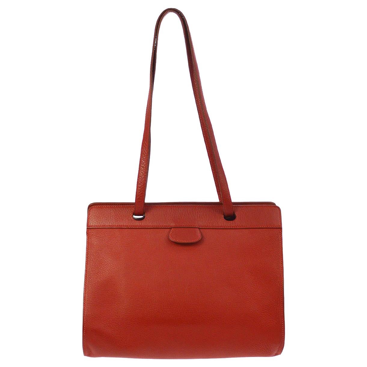Hermes Red Leather Top Handle Satchel Carryall Travel Shoulder Tote Bag