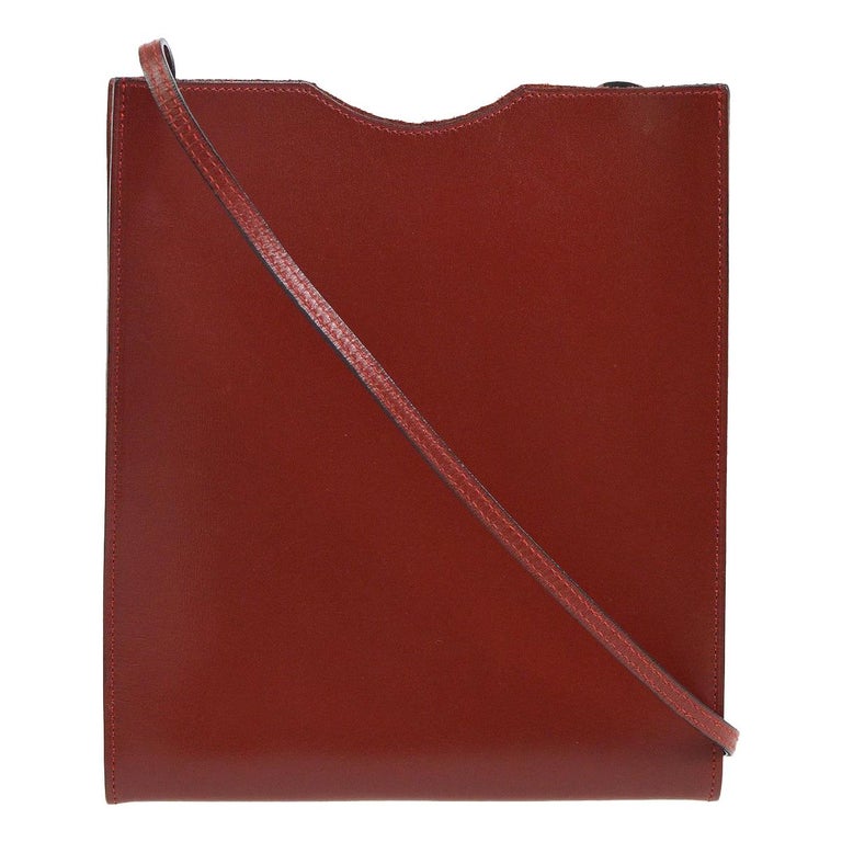 Hermes Red Leather Flat Small Thin Crossbody Shoulder Tote Bag For Sale at 1stdibs