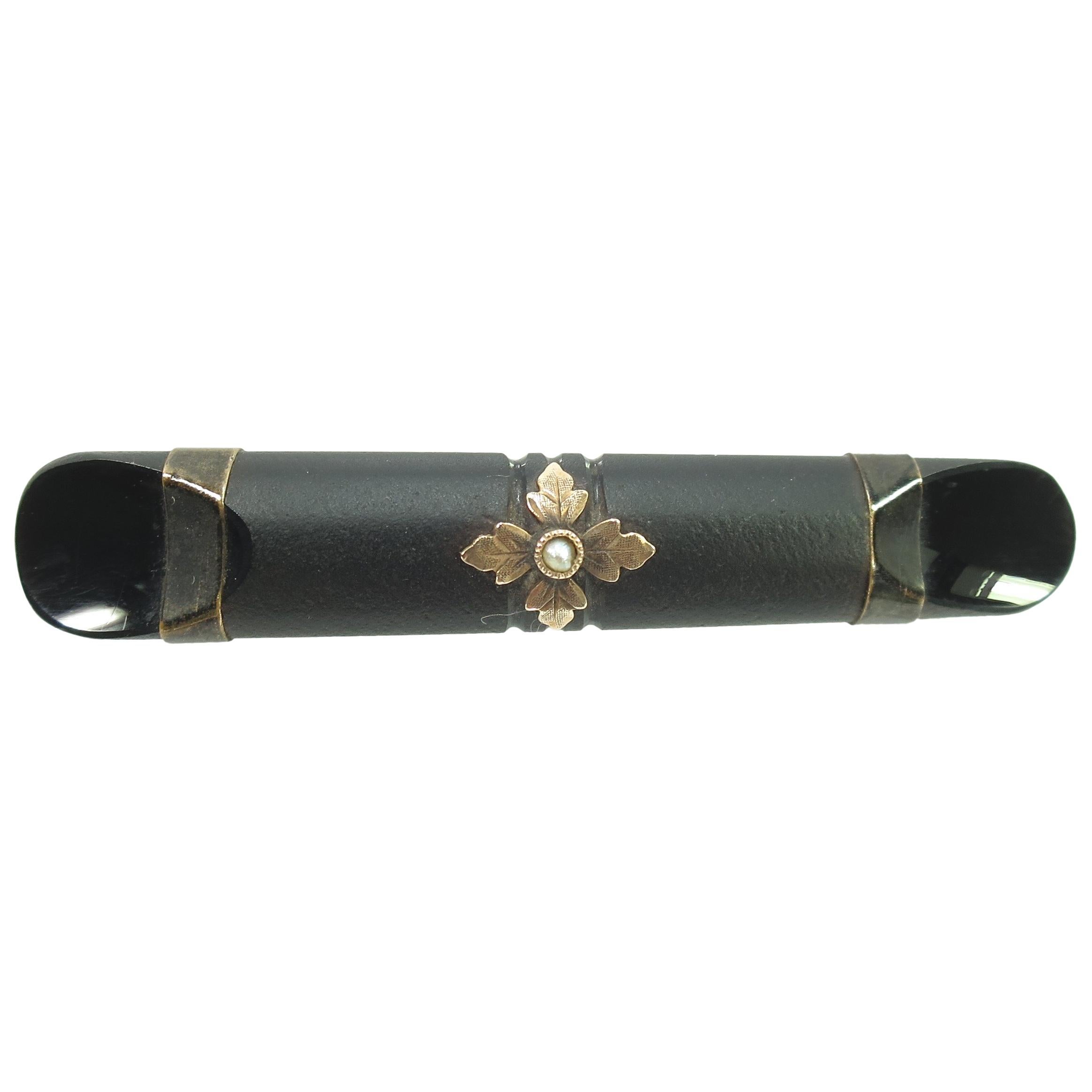 Victorian Whitby Jet, 10k Gold, & Seed Pearl Mourning Brooch, 1870s For Sale