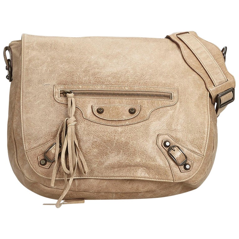 Balenciaga Brown Beige Leather Motocross Classic Folk Messenger Bag Italy  For Sale at 1stDibs