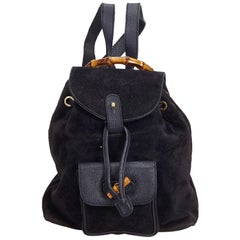 Gucci Black Suede Leather Bamboo Drawstring Backpack Italy
