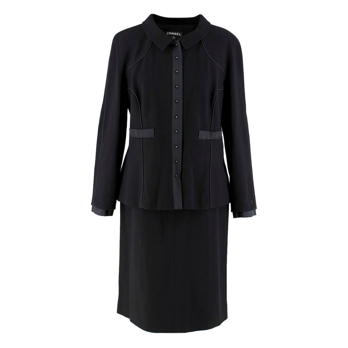 Chanel Vintage Black Wool Skirt and Jacket Set US 12