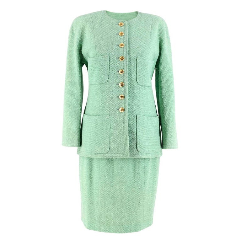 Chanel Boutique Vintage Green Wool Jacket and Skirt Set US 6 at 1stDibs