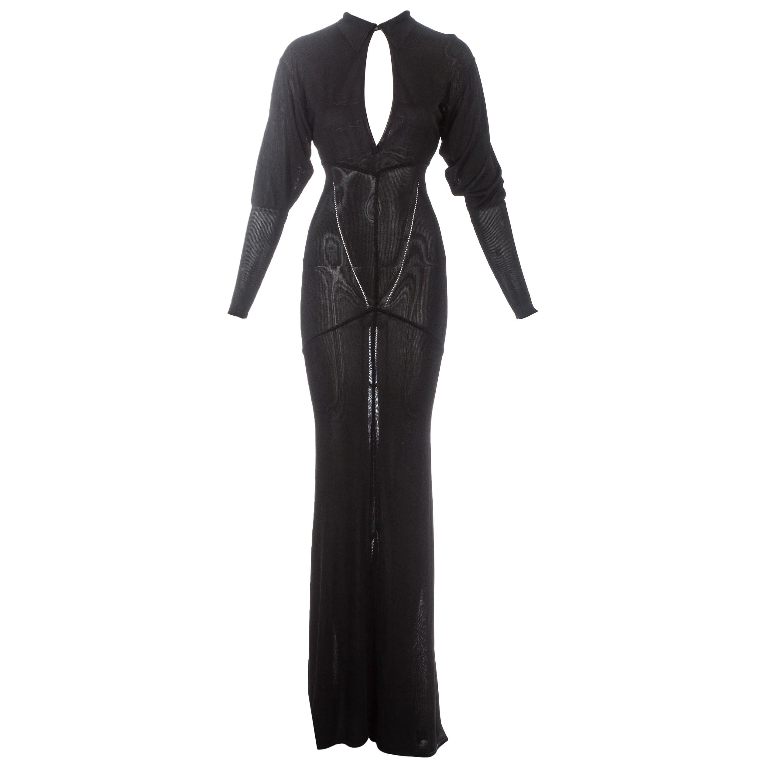 Azzedine Alaia black acetate knit evening maxi dress with train, fw 1986 For Sale