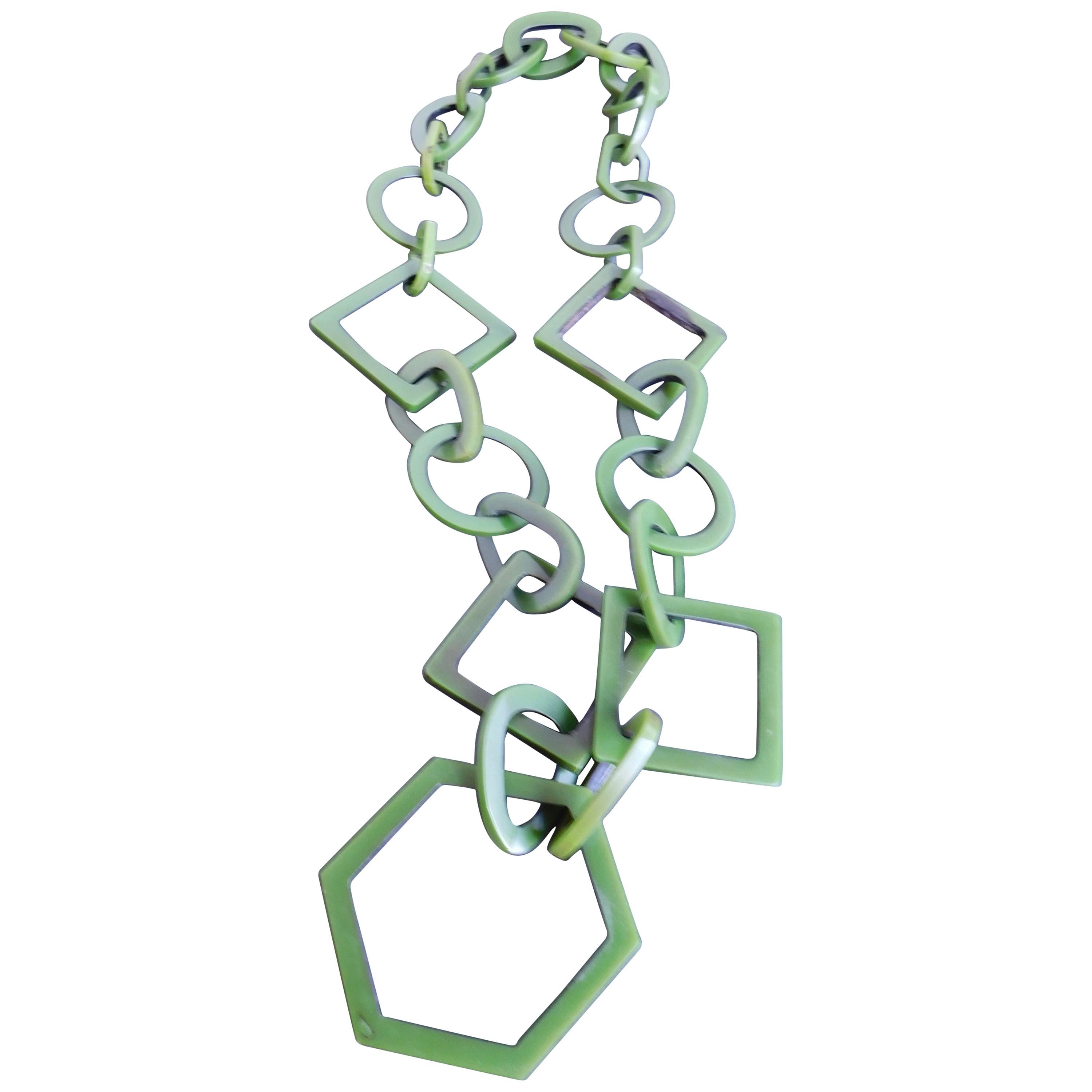 Vintage Italian Green Celluloid Geometric Link Necklace For Sale