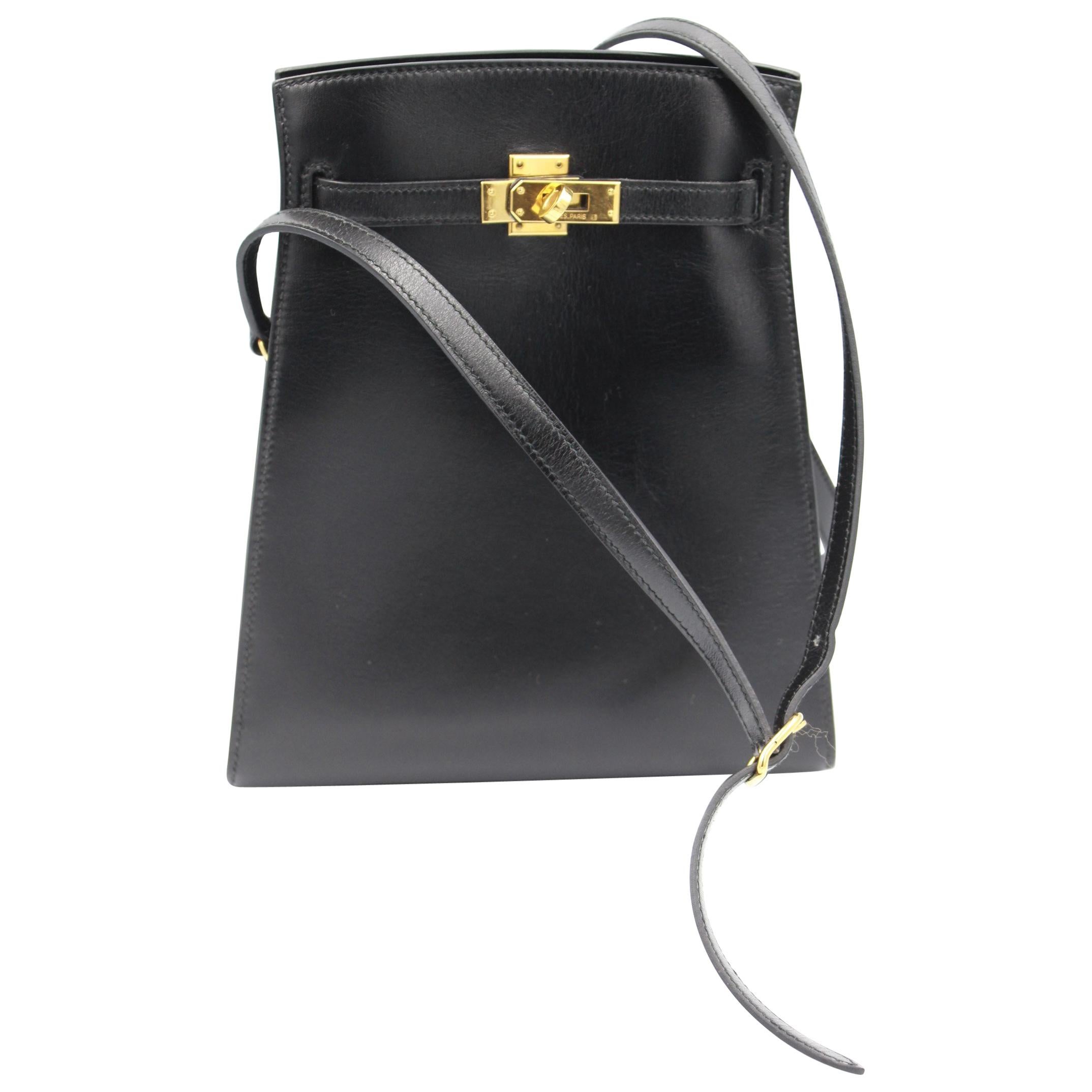 Vintage  Hermes Mini  Kelly Sport Bag in Black Box Leather