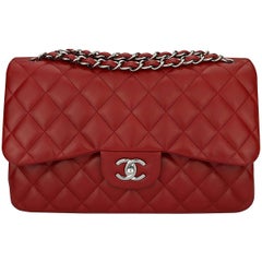 CHANEL Double Flap Jumbo Bag Red Lambskin with Light Gunmetal Hardware 2014