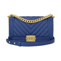  Chanel Old Medium Boy Bag Blue Calfskin Chevron with Brushed Gold Hardware 2018