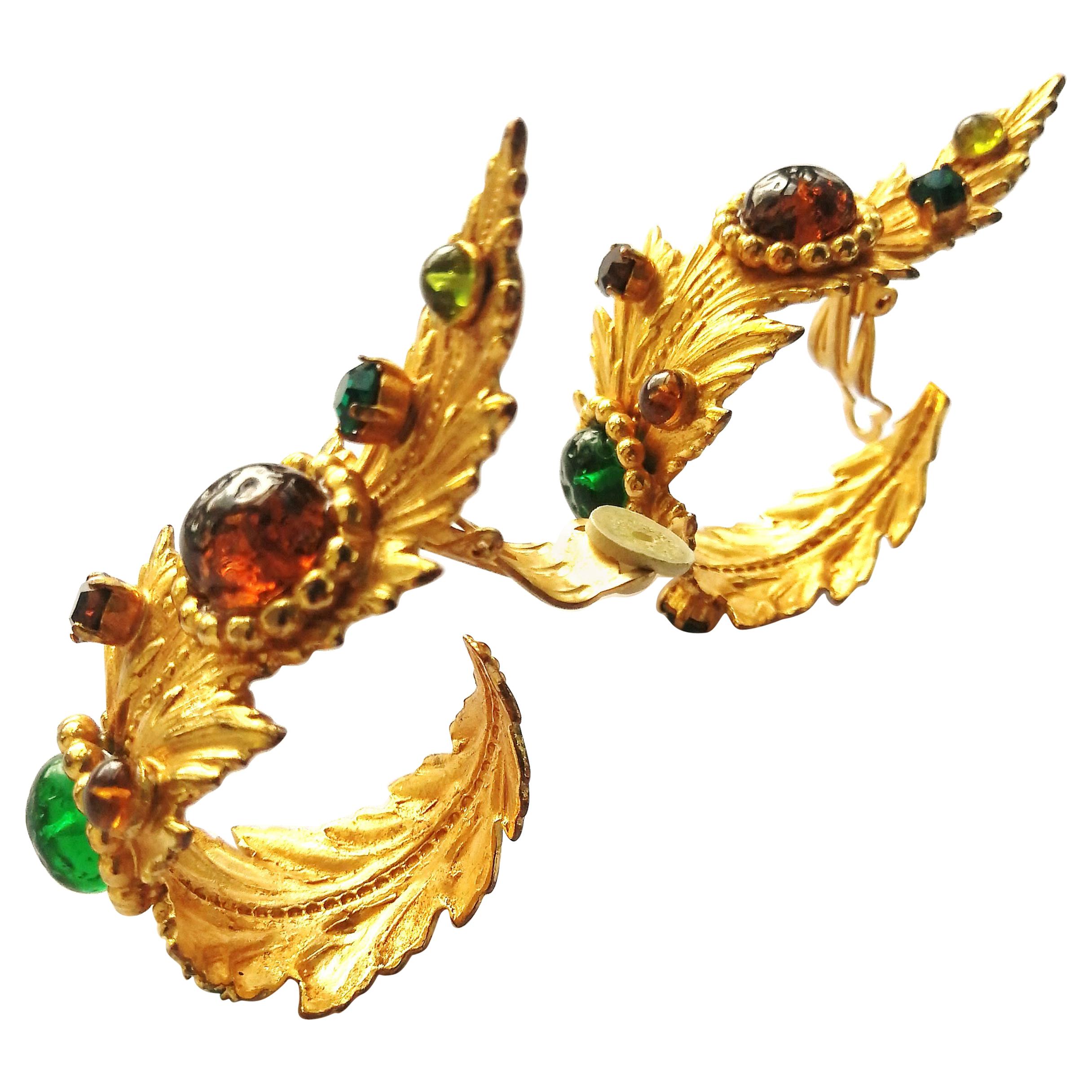 Outstanding gilt metal and jewelled 'leaf' earrings, Dominique Aurientis, 1980s