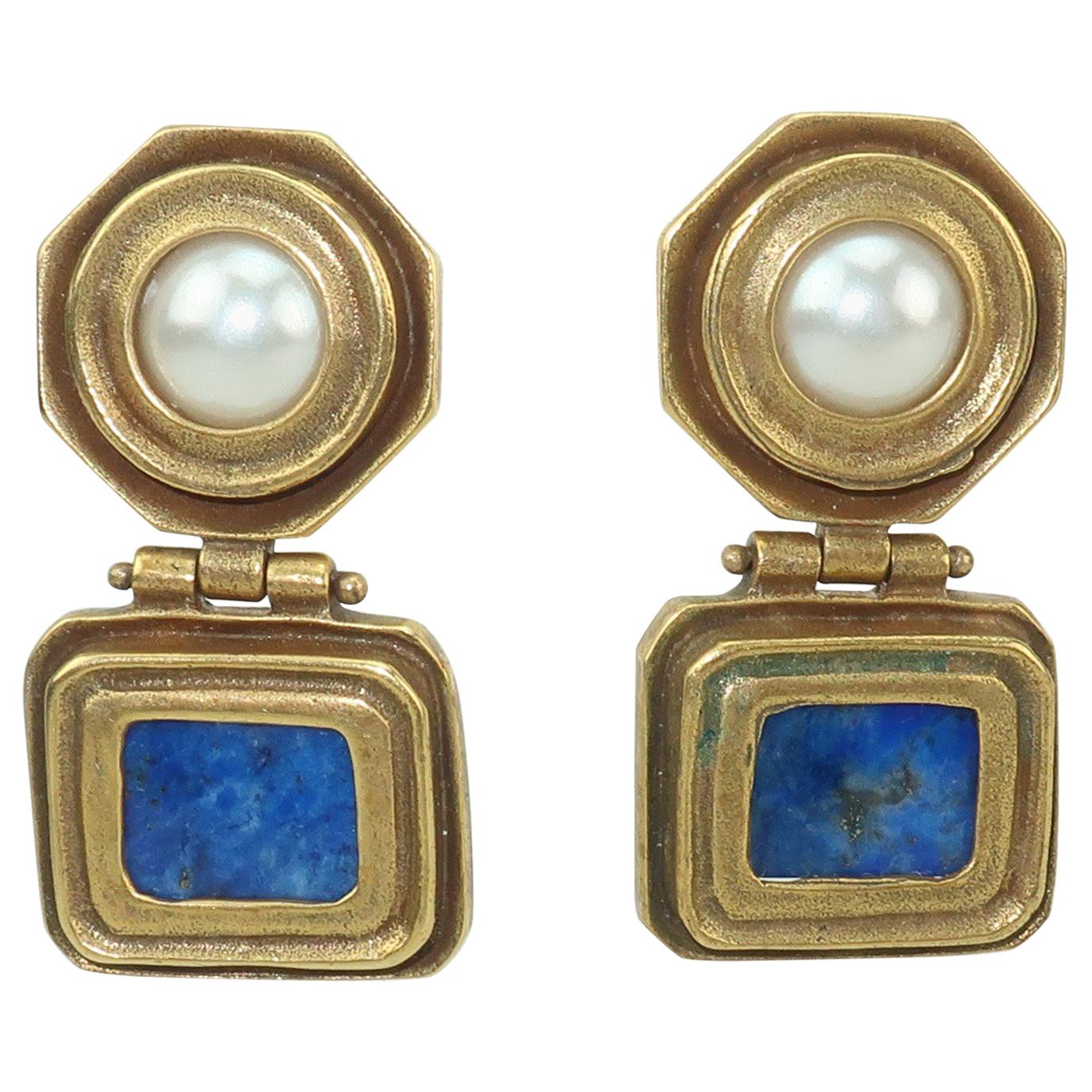 Roman Style Brass, Lapis Lazuli & Faux Pearl Earrings