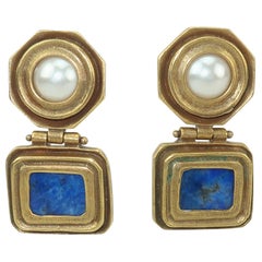 Roman Style Brass, Lapis Lazuli & Faux Pearl Earrings